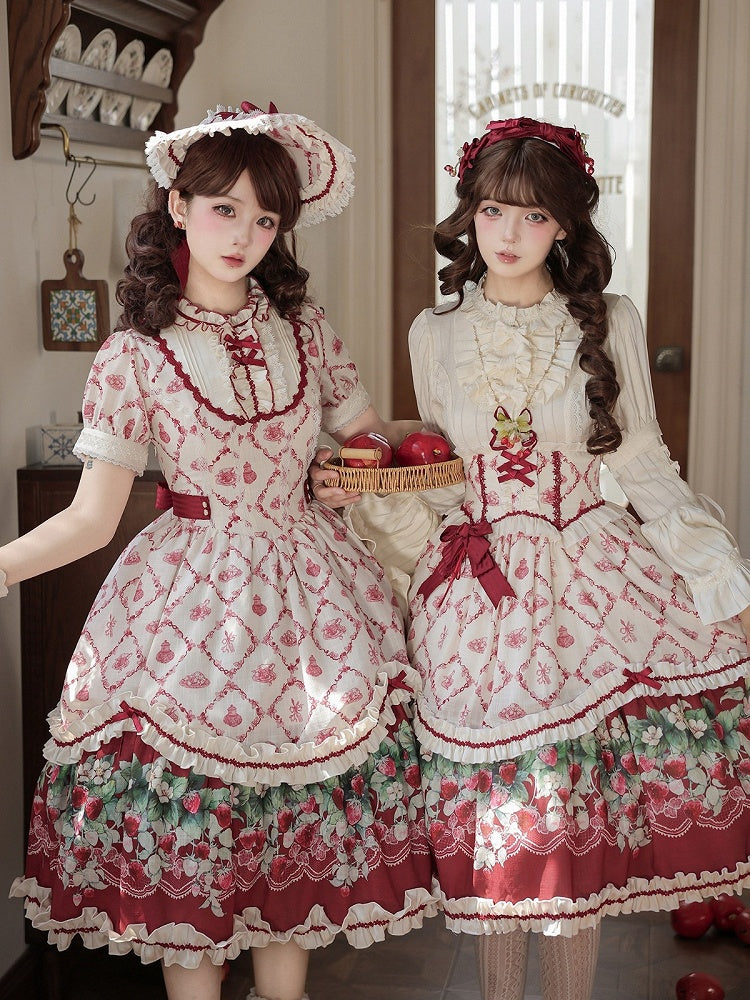 Sweet Lolita Strawberry Floral Printed OP Gown with Lace and Ribbon Accents - Currant