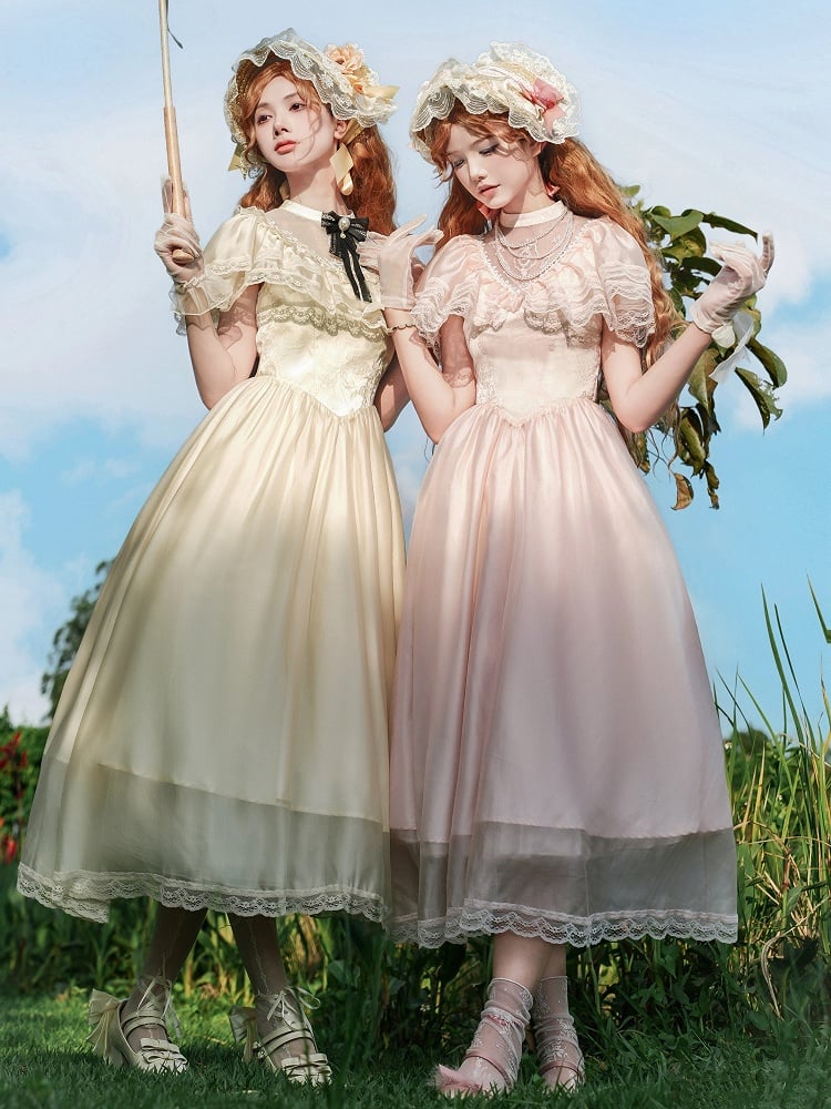 Lolita Stück Elegantes Illusionshals-Taillenkleid Baskenrosa Ein Edward-Ausschnitt