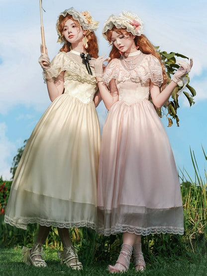 Lolita Stück Elegantes Illusionshals-Taillenkleid Baskenrosa Ein Edward-Ausschnitt