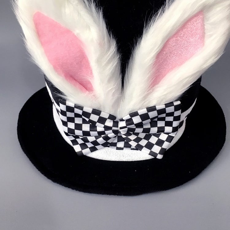 Rabbit Bow Hat Vibes Alice Black Faux Accent Ears Lolita with Checkered Top and