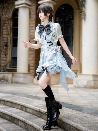 Schleife Alice Muster Wunderland Lolita in + Blau Weiß Outfit Overall - Shorts Vibes Ouji Diamond Shirt