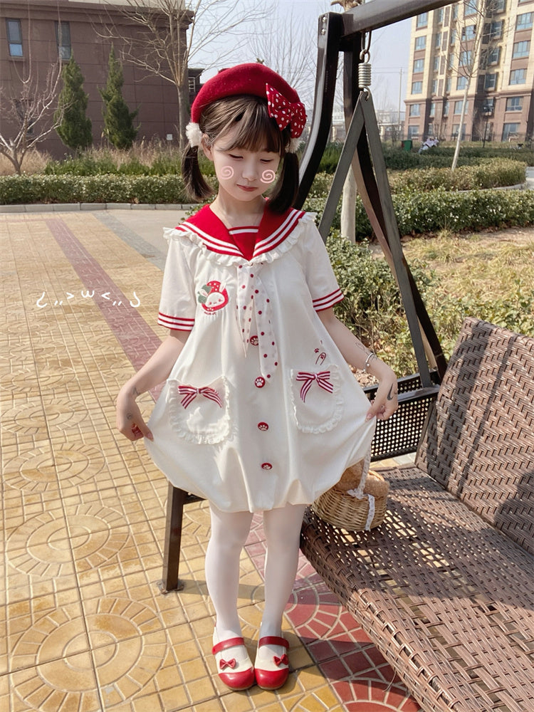 Pink/Red Bubble Adorable Bunny Ear Design Ruffled Sailor Collar Skirt Dress