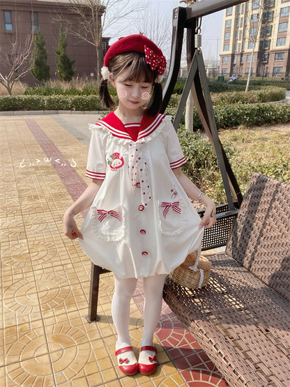 Pink/Red Bubble Adorable Bunny Ear Design Ruffled Sailor Collar Skirt Dress