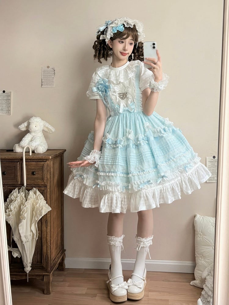 Azure Checkered Frilly Bow Lolita Jumperdress