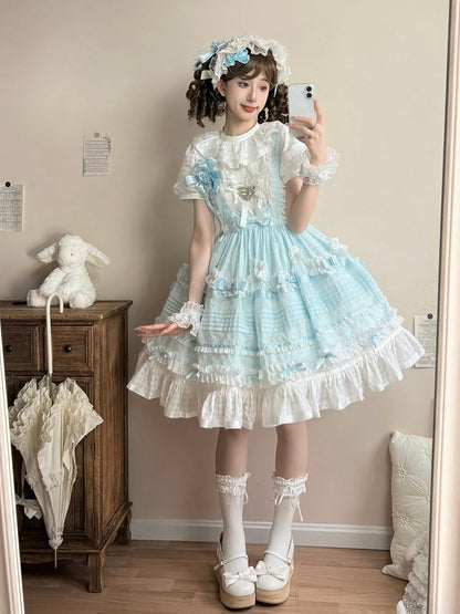 Azure Checkered Frilly Bow Lolita Jumperdress