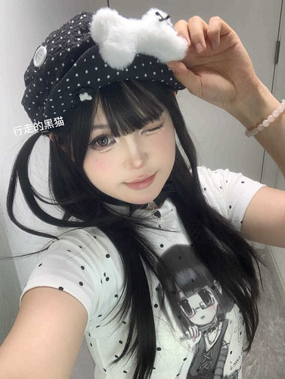 Decorated Black/White Plush Bone With Polka-dot Button Beret Pattern Hat