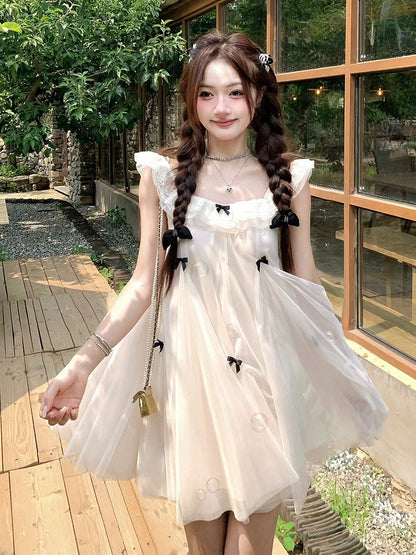 Sweet Apricot Dress with Bow and Lace Trim - Qchiwawameme