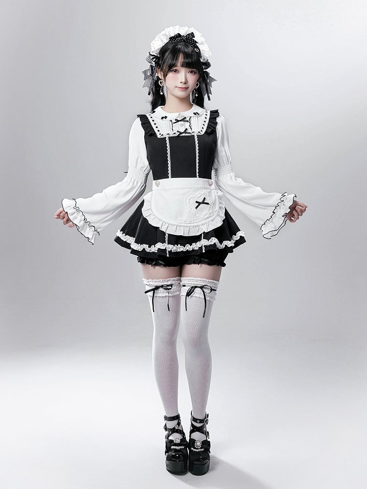 - Baggy Top Jirai Kei Maid-Inspired Black/Pink Three-Piece Set Sleeve