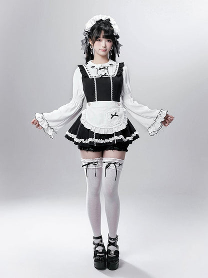 - Baggy Top Jirai Kei Maid-Inspired Black/Pink Three-Piece Set Sleeve