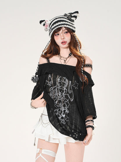 ネックライン ルーズ ブラック/ホワイト ガールプリント Tシャツ オフショルダー