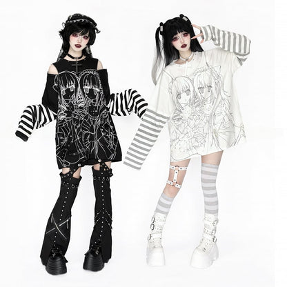 Striped Top Shoulder Black Zip-Adjustable White Jirai Printed Cutout Kei Girl