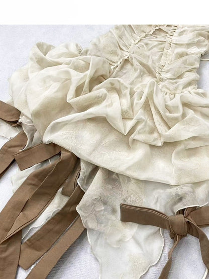 Ruffle Set- Self-tie Beige Dress Trim Skirt Cami Glamorous Straps +