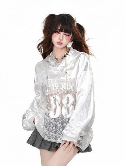 Black/White Bowknot Embroidery Contrast Lace Patches Loose Hoodie