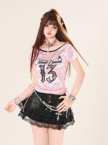 アップリケコアTシャツ 文字刺繍 レース ブロケート サイドドローストリング ナンバー ピンク/ホワイト