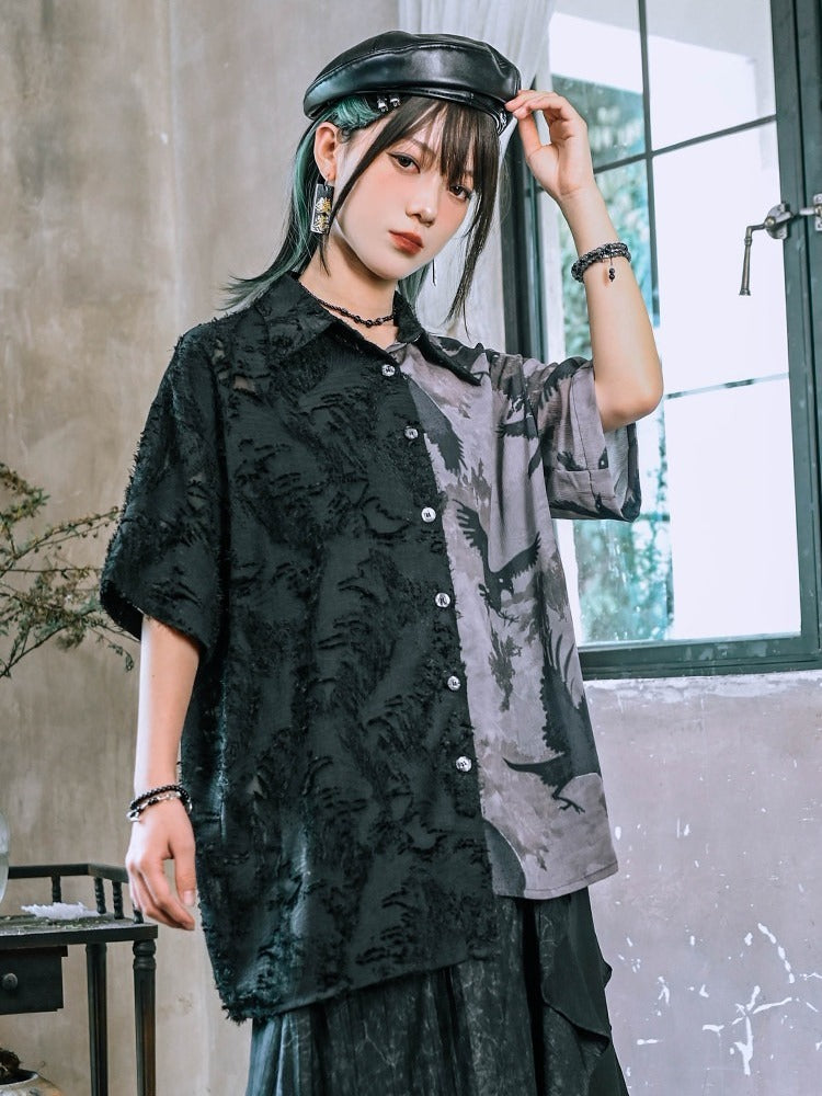 Gothic Crow-Print Asymmetric Shirt in Black & White - Quirky Hut
