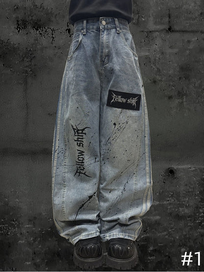 Letter Distressed Wide-leg Punk Stripes with Jeans Wasteland Pattern Light Blue