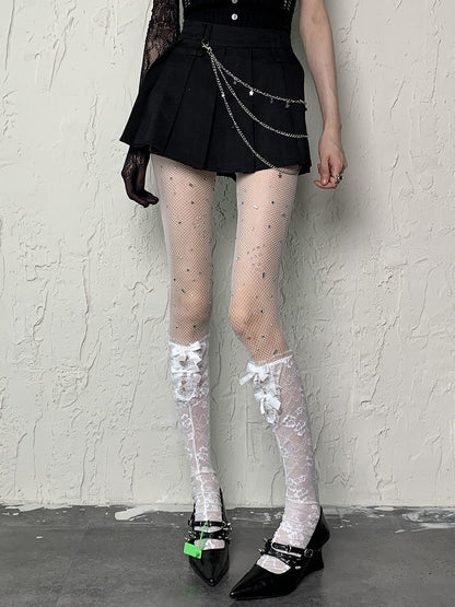 Pattern Floral Stockings Underknee Semi-sheer Details Bowknot White Y2K