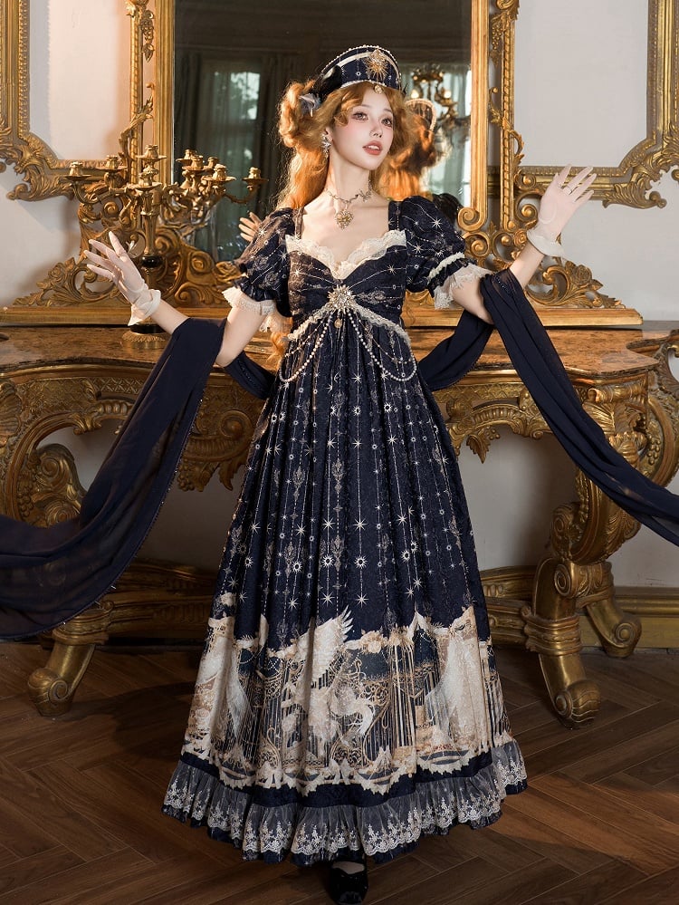 Kleid Empire Print Kette Taille Einhorn mit Perlen Sternen Lolita Blau Dunkel Nacht