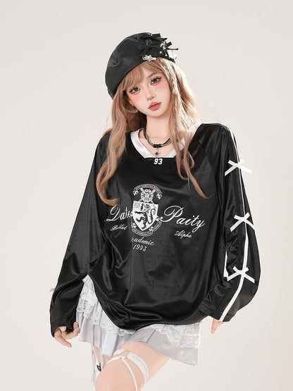 Vibe and Logo Sweatshirt Bow Black/White Accents Academia with Print