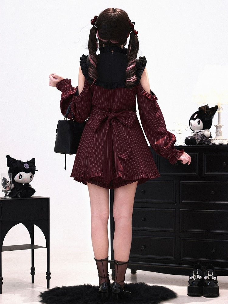 Shorts with Versatile Coord Sleeves Kei Set: Red Wine Striped Modular Matching Jirai Dress