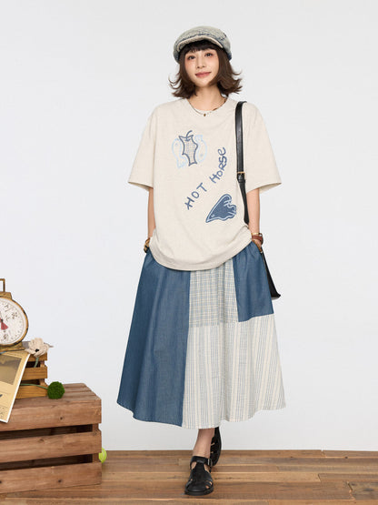 Gray Kawaii T-shirt Patch Details Embroidery Cute