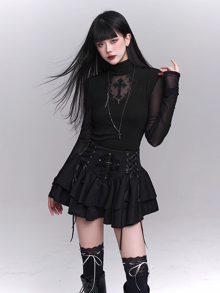 Sleeves Black Mock Neck Coffin-shaped Cutout Cross Applique Mesh