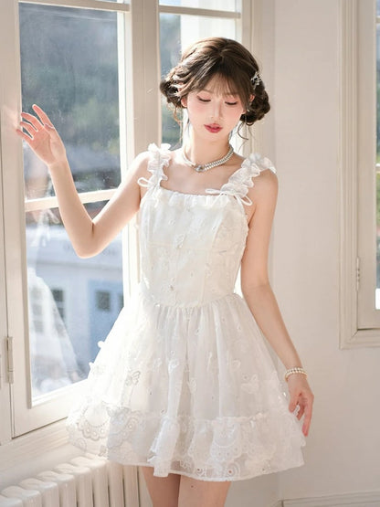 Sleeveless Dress Embellished Sweet White Ruffled Square Neckline Butterfly
