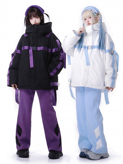 Jacket Purple Cyberpunk - Puffer with Tactical Jirai Straps Black Base Kei