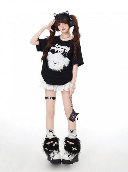 Loose Adorable Plush Puppy Black/Light Blue T-Shirt Round Neck