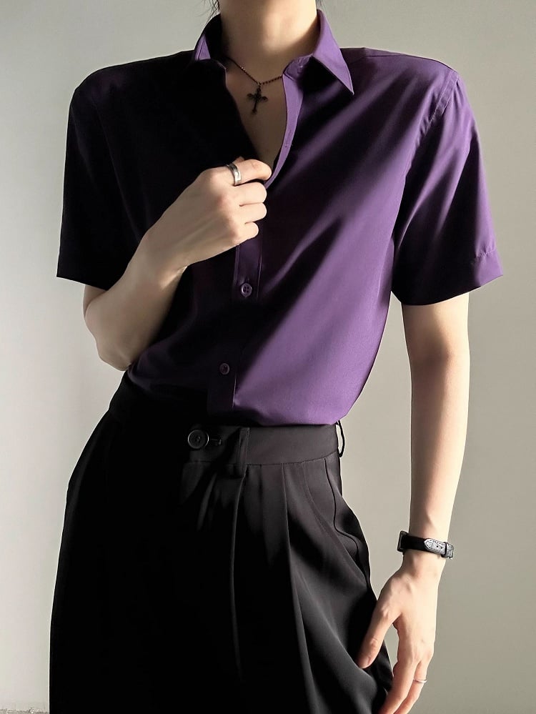 Ouji Lolita Button with Collar Purple Shirt Short-Sleeve Pointed