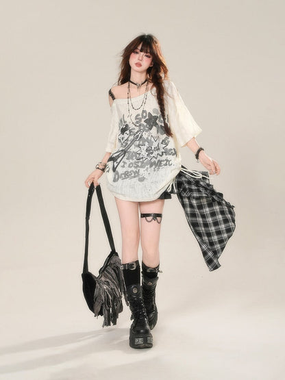 Lace Top Drawstring Graffiti Waist Apricot Print Asymmetrical Neckline