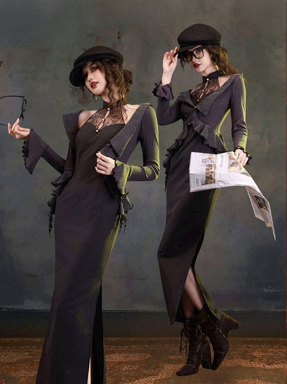 Retro Black & Gray Two-Piece Look Striped Halter Gown with Ruffled Trim - sijinstudio