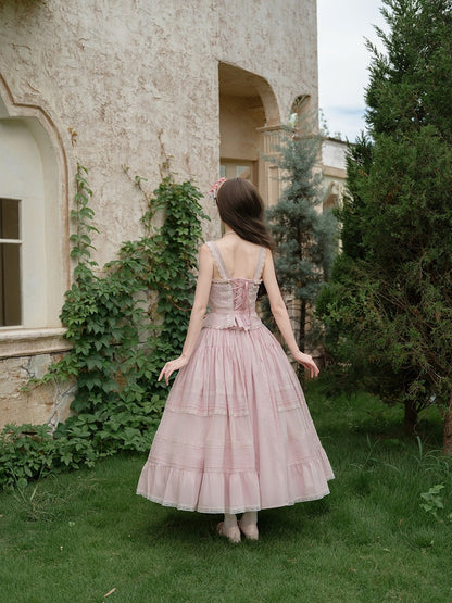 Pink Sweet Button Top with Lace Skirt Set - Penny House