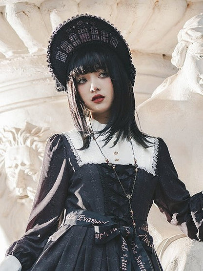 Window Black/White Bonnet Church Print Lolita Stained