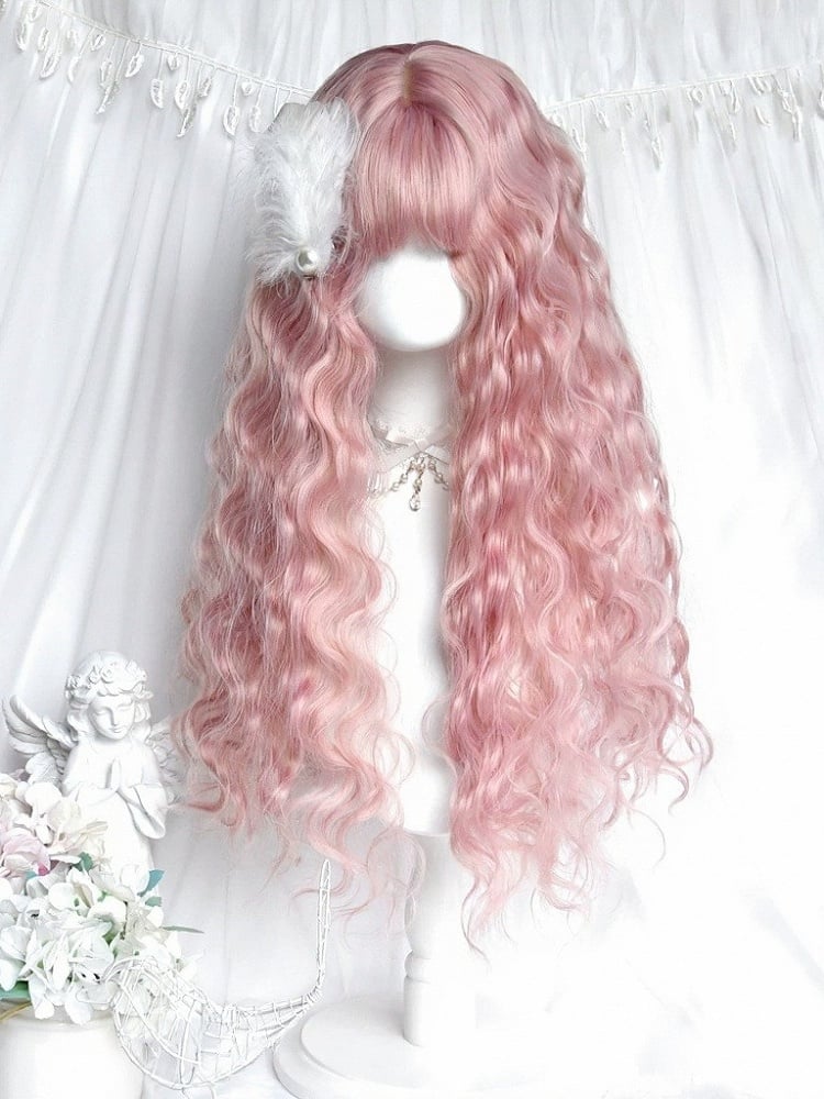 Pink 65cm Full Bangs Long Wavy Curly Wig - Sinwavy