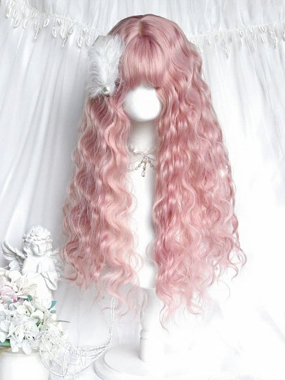 Pink 65cm Full Bangs Long Wavy Curly Wig - Sinwavy
