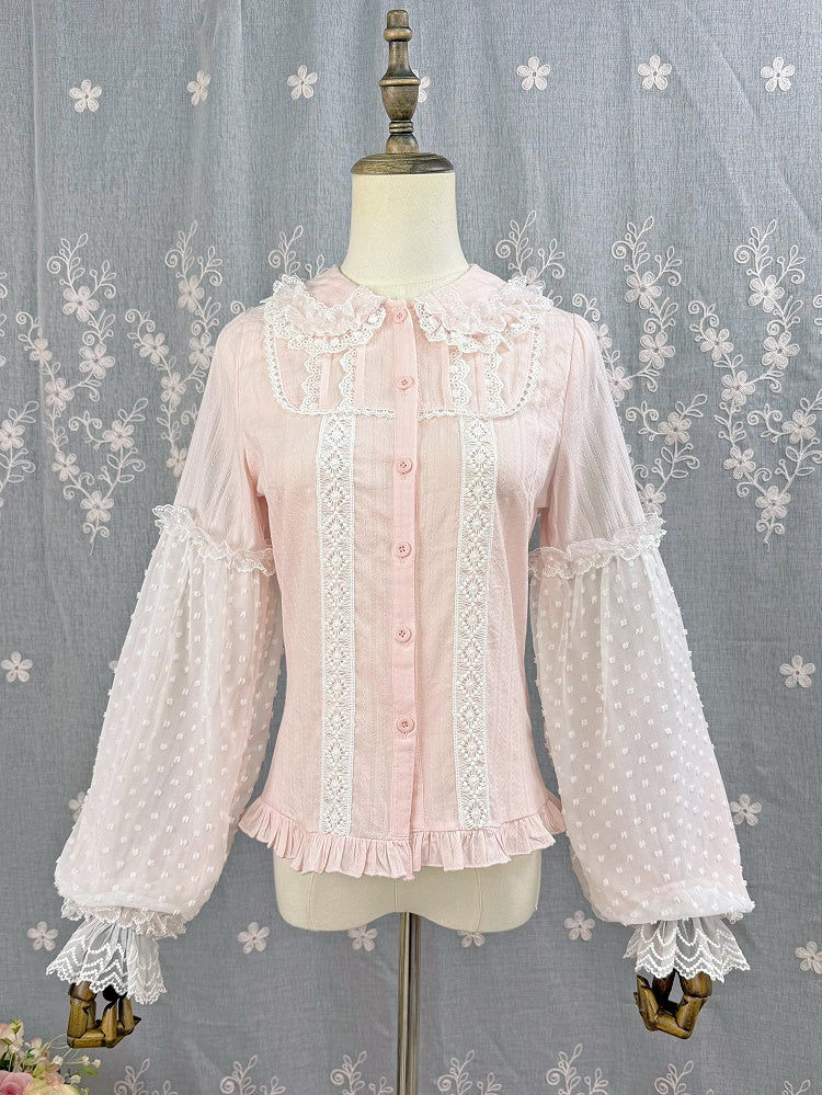 Cotton Blouse Lolita Jacquard Sleeves Long Pink