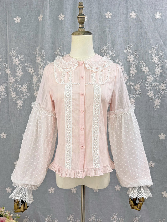 Cotton Blouse Lolita Jacquard Sleeves Long Pink