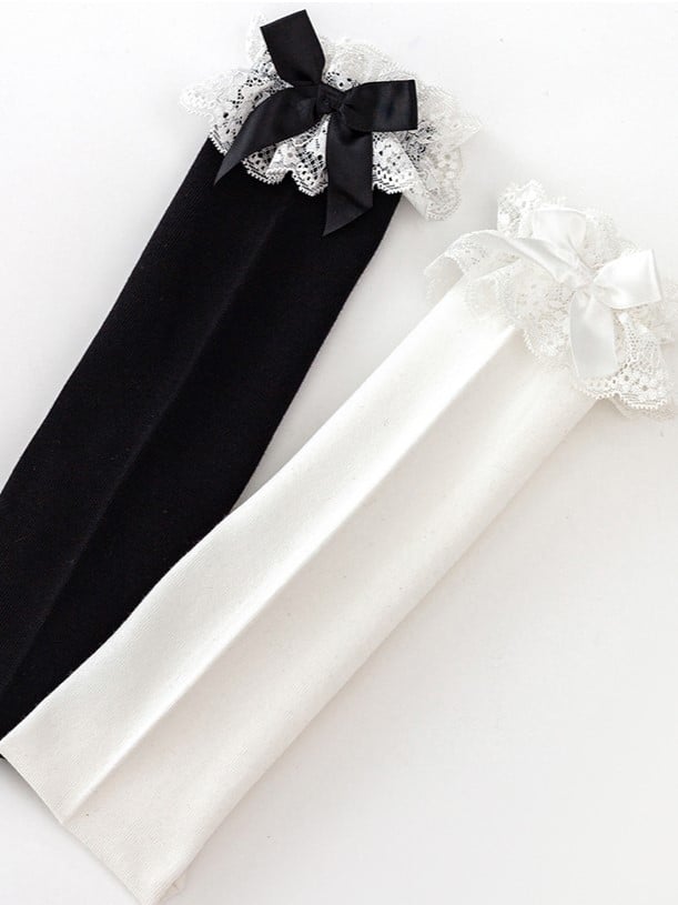 Bowknot Details Lace Black/White Stockings Lolita Underknee/Overknee