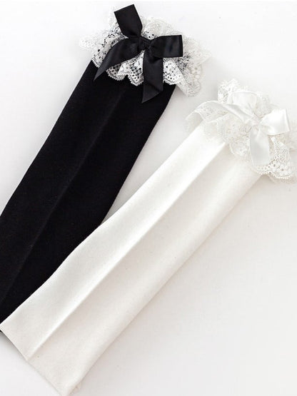 Bowknot Details Lace Black/White Stockings Lolita Underknee/Overknee