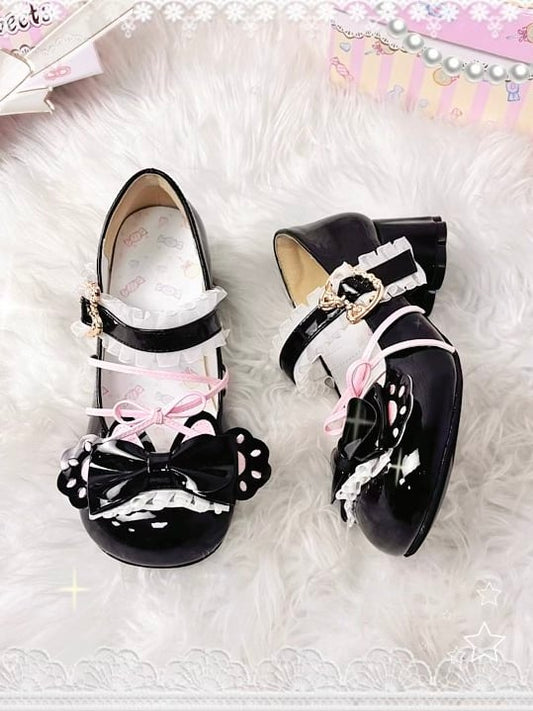 Janes Mid-heel PU Mary Toe Heels Black Sweet Cat Paw at Round Bow Top Pink Lolita Shaped -