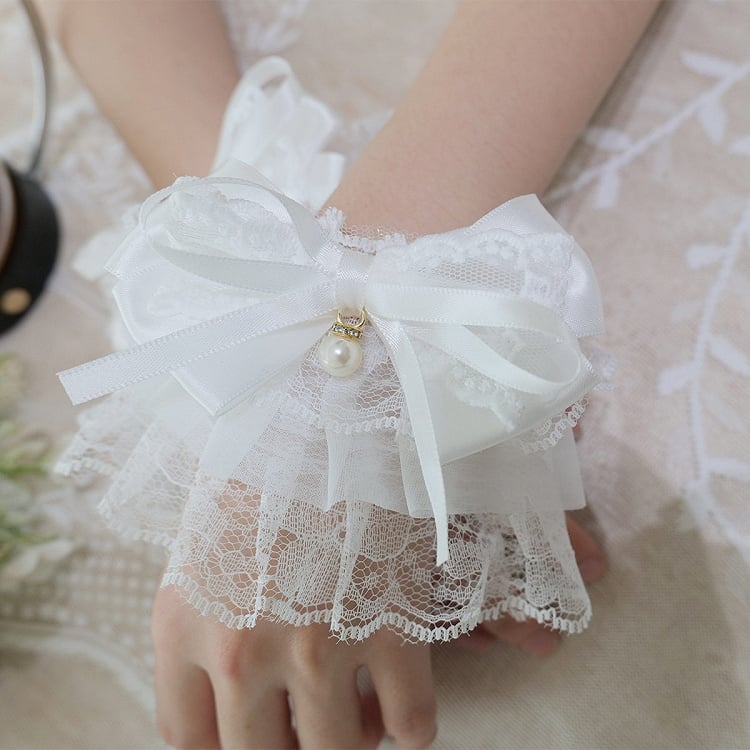 Pearl (4 Bow Wrist Colors) Lolita Lace Style Cuffs