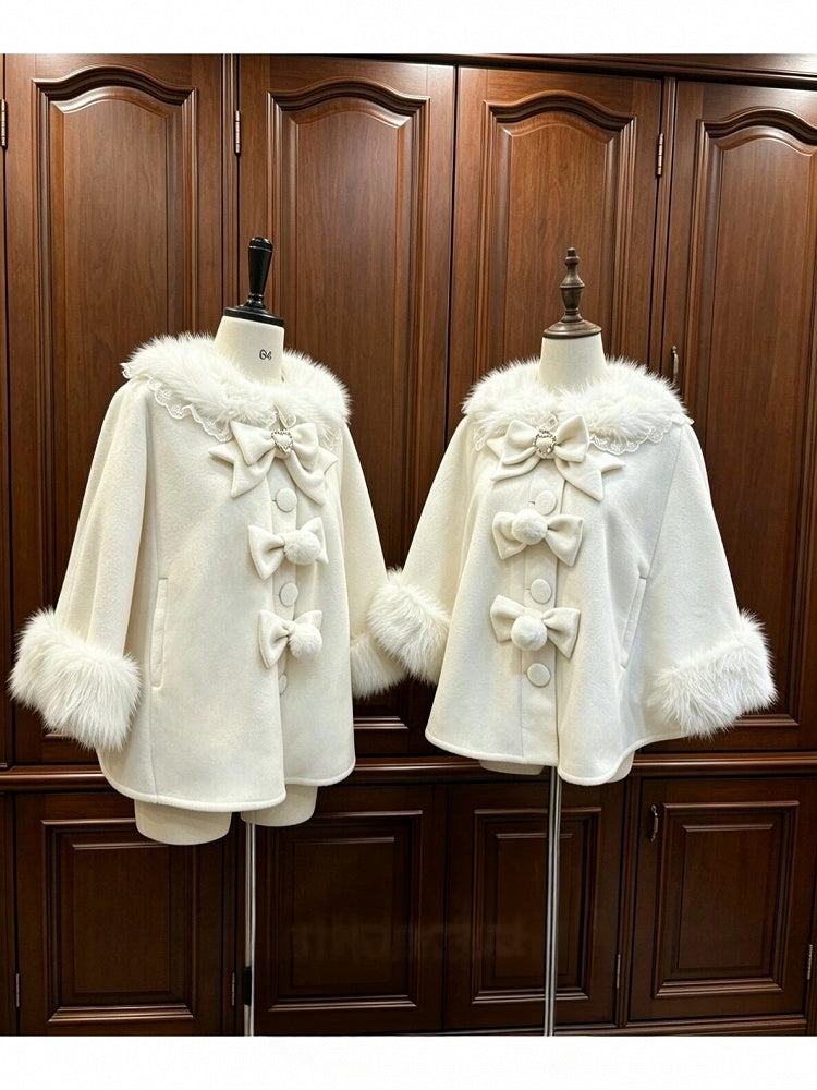 Velvet Lolita Cape in Sweet Beige with Detachable Fur Collar and Bow - Star Fantasy