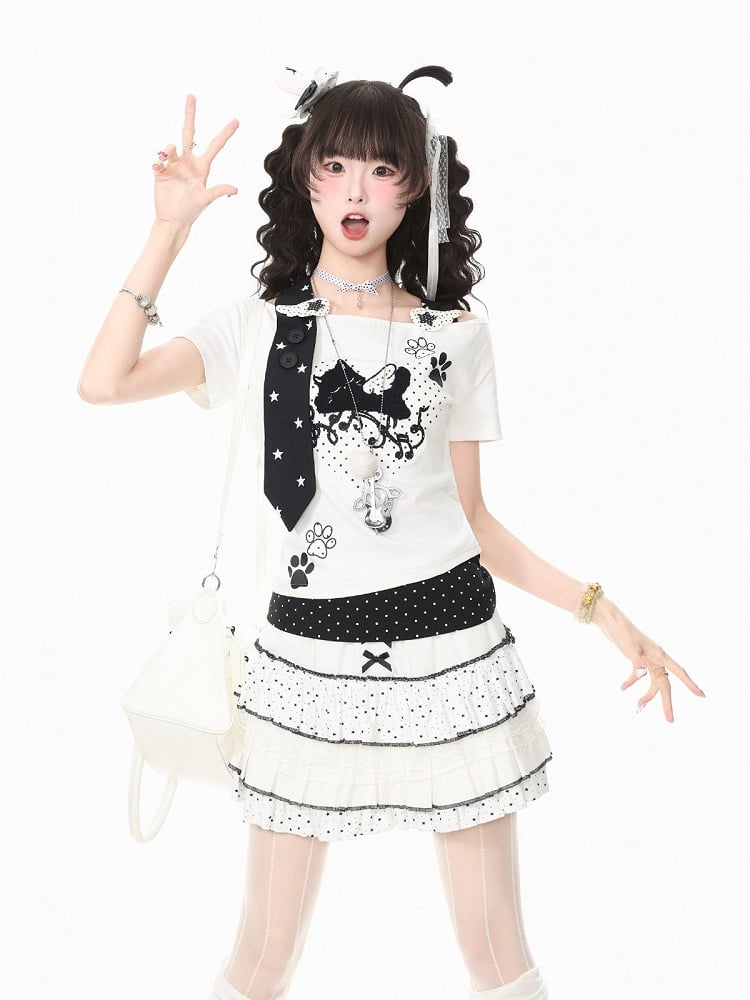 Halter Top with Kitten Embroidery & Polka Dots, White, Short Sleeve - Languid Park