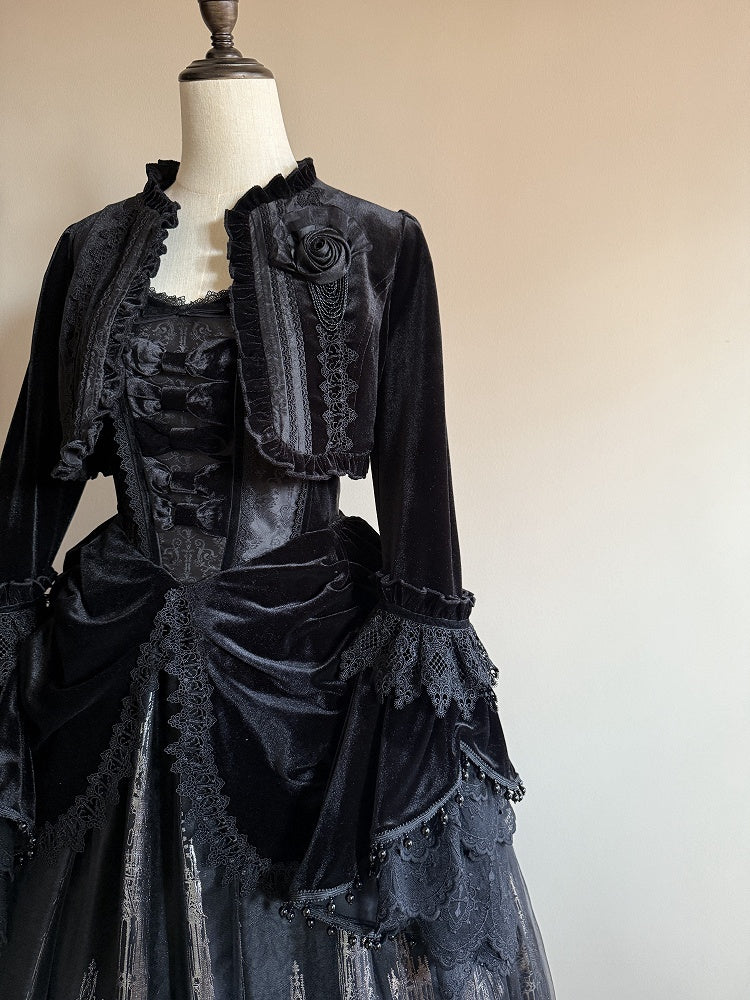 Top Placket Cropped Velvet Black Lolita Ruffled Ouji Gothic