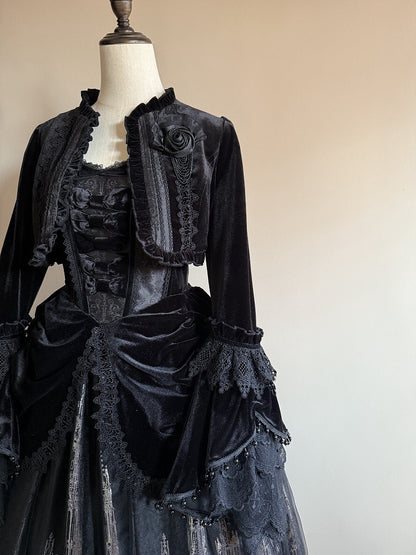 Top Placket Cropped Velvet Black Lolita Ruffled Ouji Gothic