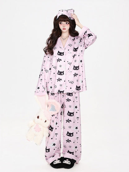 Kawaii Kitty and Star Print Two-Piece Loungewear Set in Pink - CRAZY GIRL