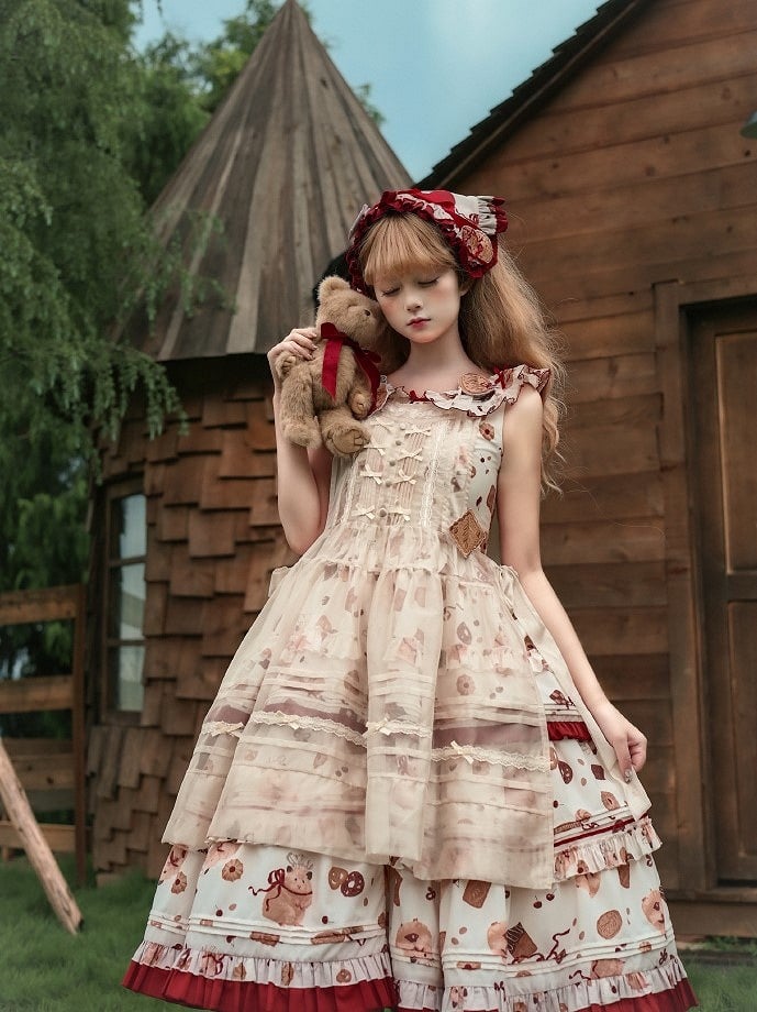 Print Red Ruffle and Sweet Cookie Lolita Dress White Hem Hamster