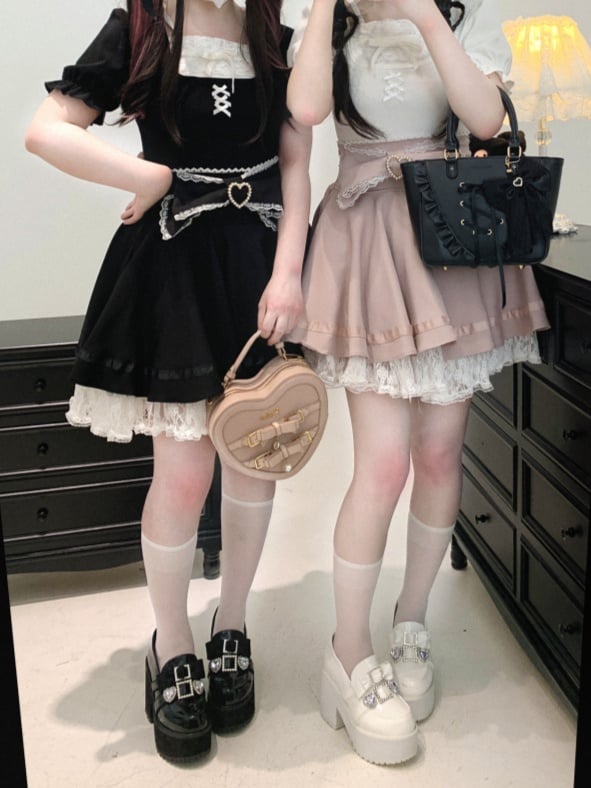 Jirai Kei Details Bowknot Trim Pink/White/Black Lace