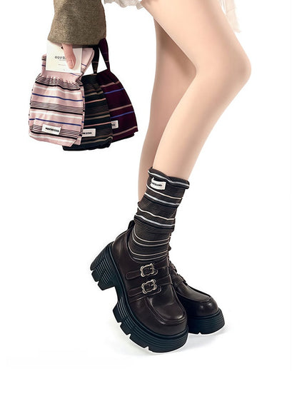 Toe Decoration Retro Patch Seamless 5 with Striped Cotton Pattern Socks Colors